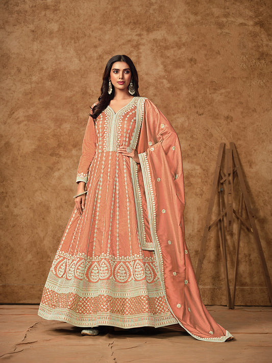 Peach Pure Dola Silk Embroidered Ceremonial Gown