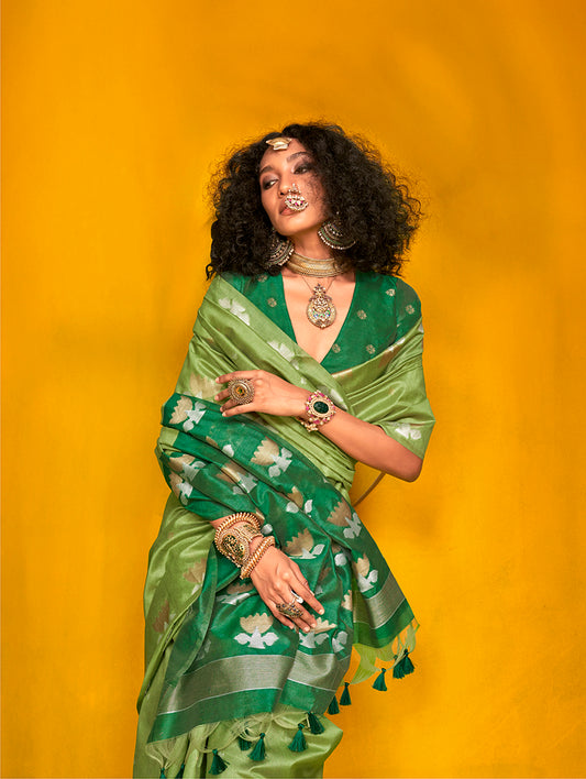 Green Festive Tussar Silk Saree with Intricate Zari Work