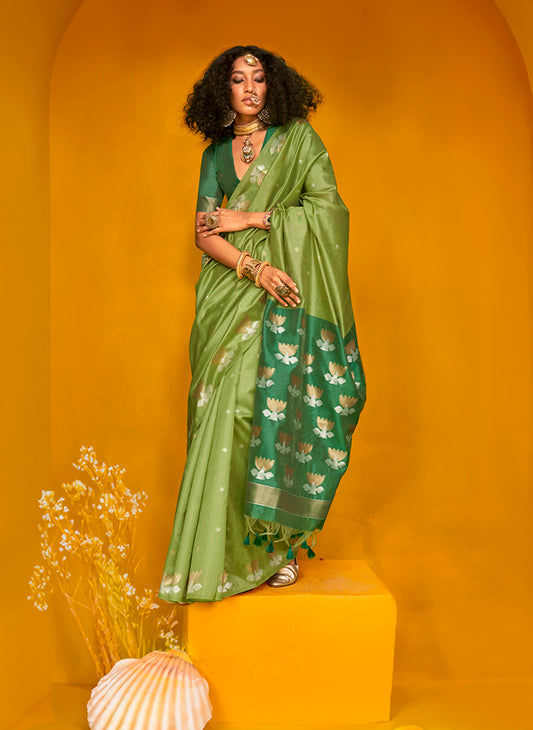 Green Festive Tussar Silk Saree with Intricate Zari Work