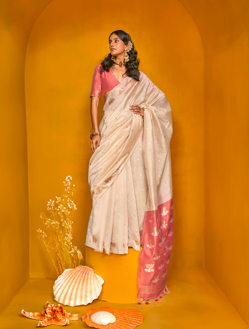 Cream Festive Tussar Silk Saree with Intricate Zari Work