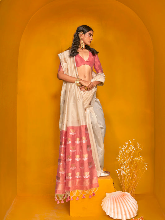 Cream Festive Tussar Silk Saree with Intricate Zari Work