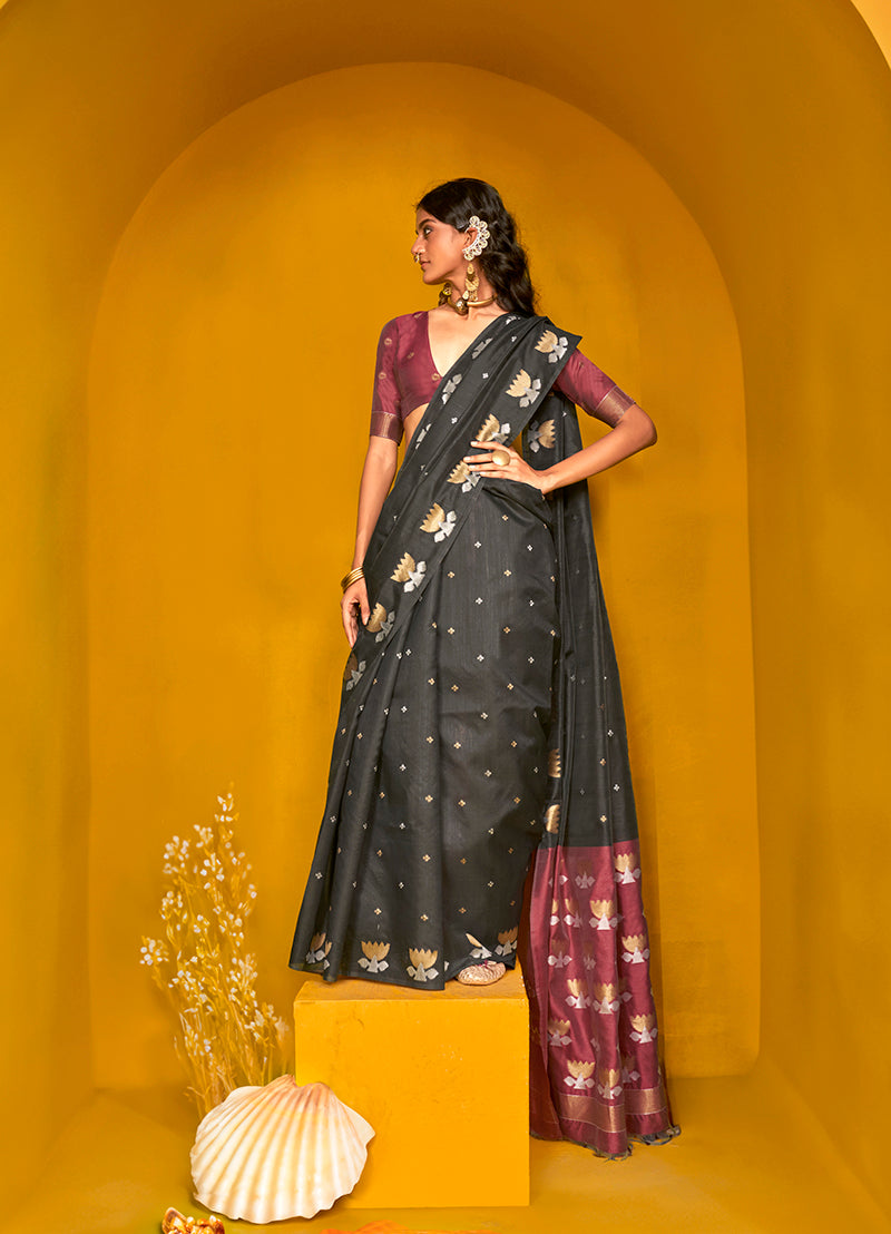 Black Festive Tussar Silk Saree with Intricate Zari Work