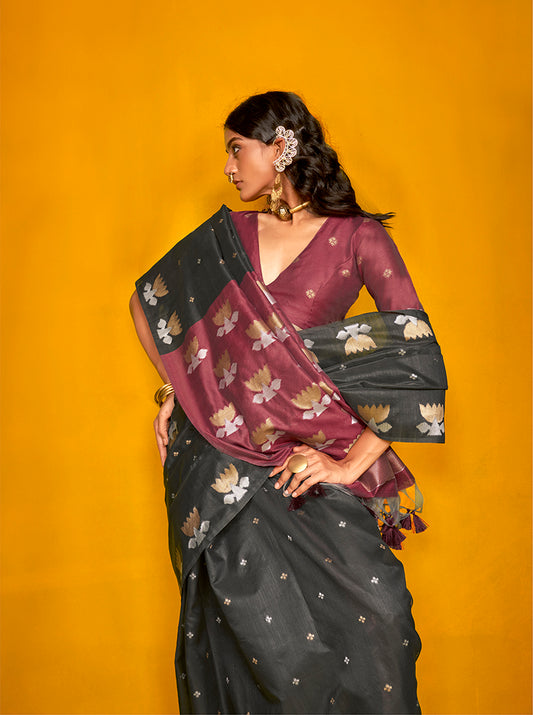 Black Festive Tussar Silk Saree with Intricate Zari Work