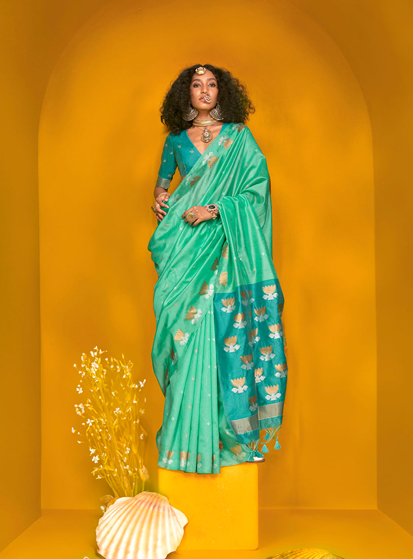 Sea Green Festive Tussar Silk Saree with Intricate Zari Work