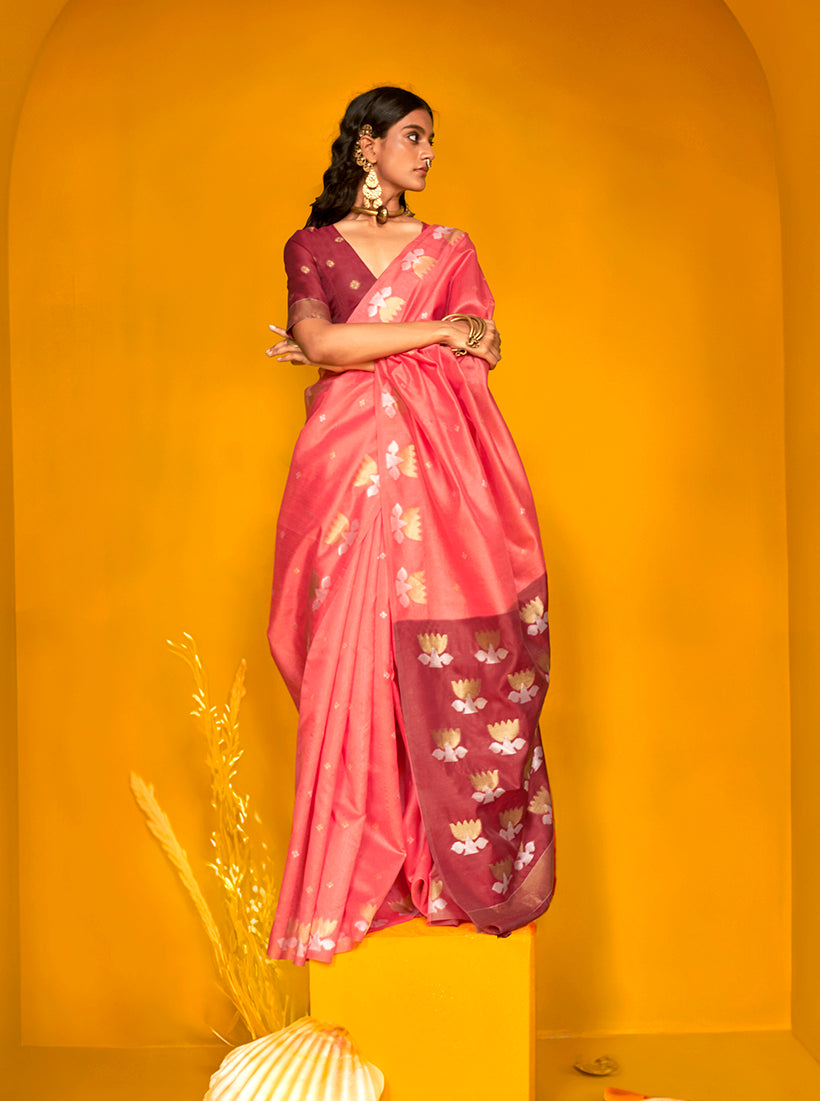 Salmon Festive Tussar Silk Saree with Intricate Zari Work