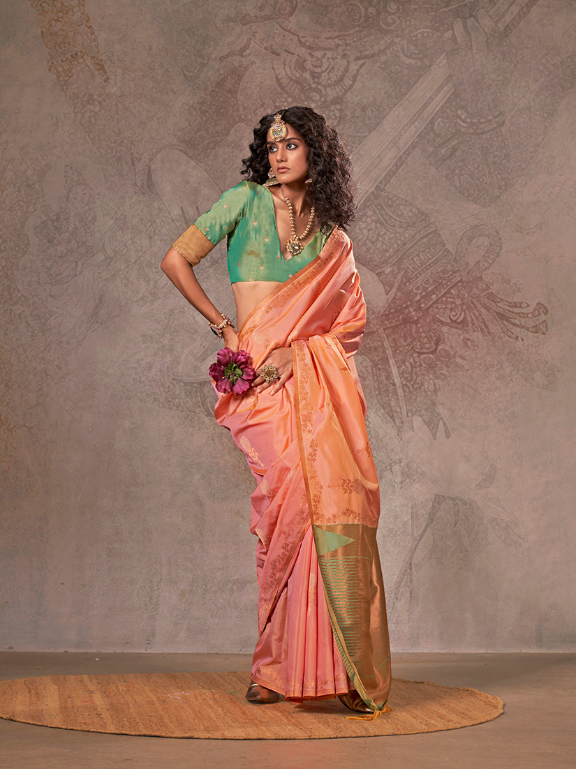 Peach Dual-Shade Silk Saree with Designer Contrast Pallu