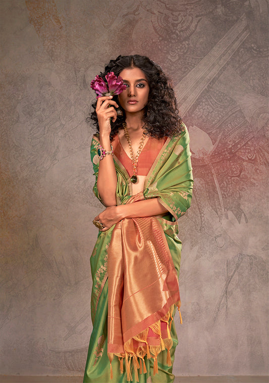 Parrot Green Dual-Shade Silk Saree with Designer Contrast Pallu