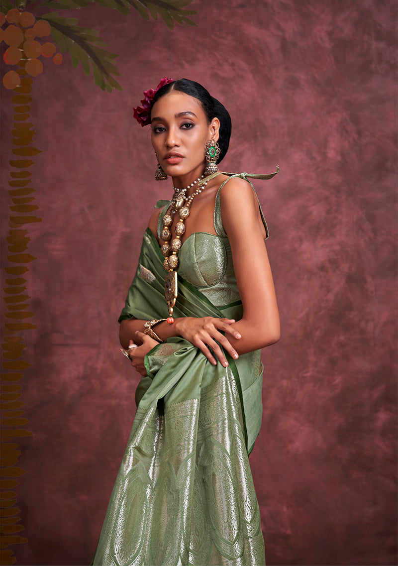 Sage Green Banarasi Satin Silk Saree with Intricate Zari Work