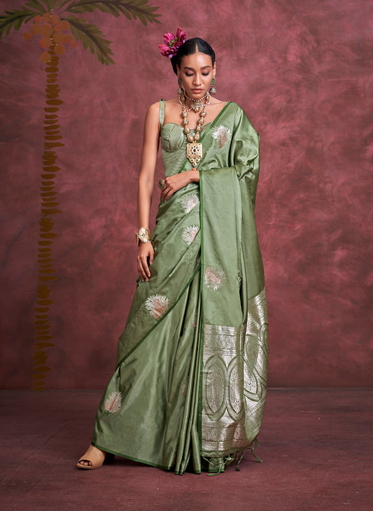 Sage Green Banarasi Satin Silk Saree with Intricate Zari Work