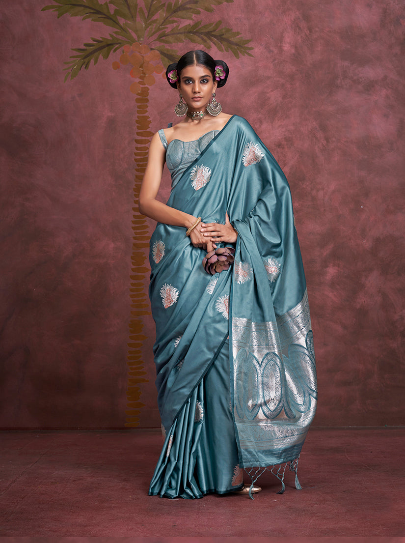 Light Blue Banarasi Satin Silk Saree with Intricate Zari Work