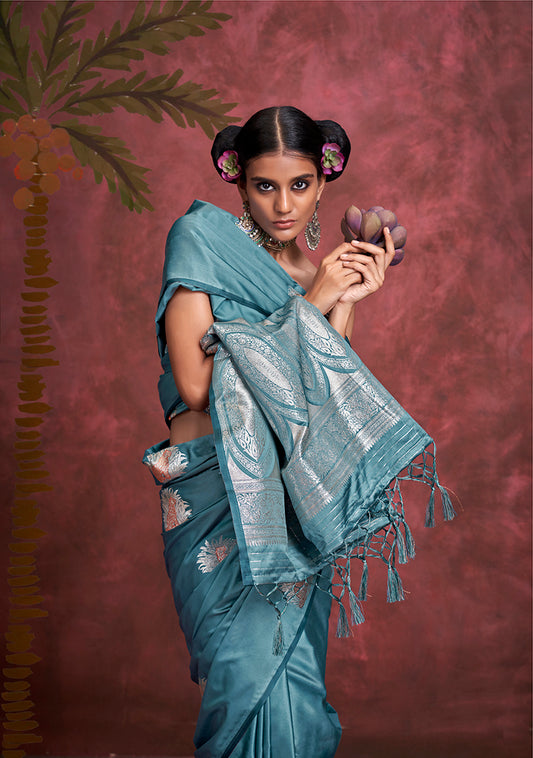 Light Blue Banarasi Satin Silk Saree with Intricate Zari Work
