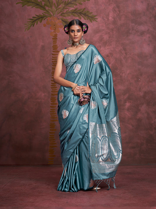 Light Blue Banarasi Satin Silk Saree with Intricate Zari Work