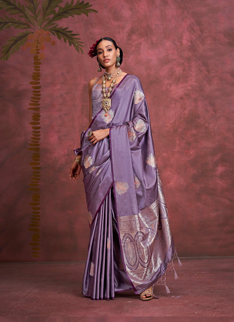 Purple Banarasi Satin Silk Saree with Intricate Zari Work