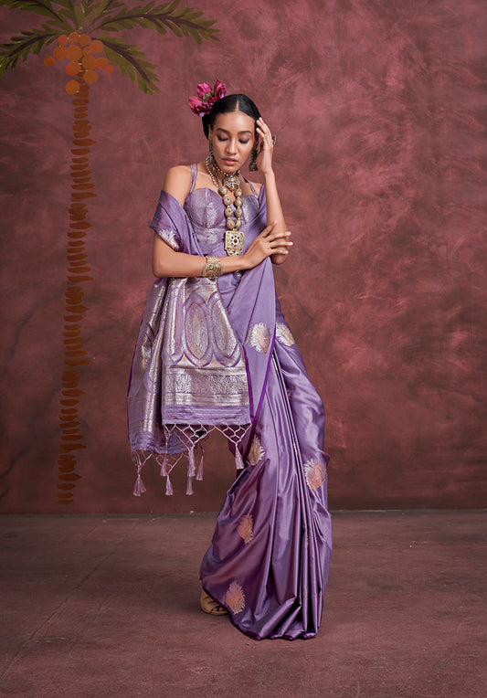 Purple Banarasi Satin Silk Saree with Intricate Zari Work