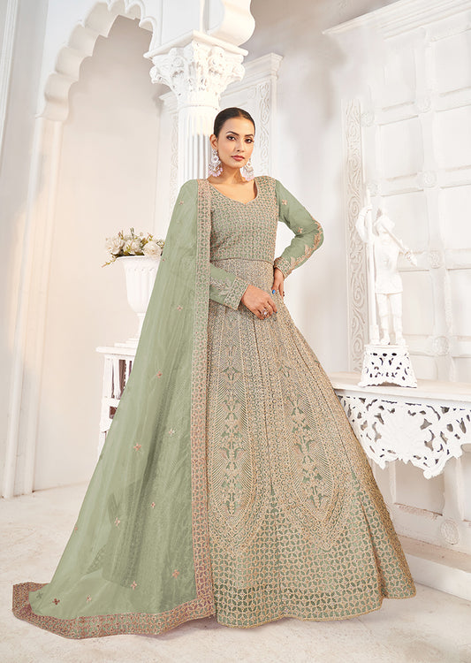 Sea Green Net Embroidered Floor Length Gown