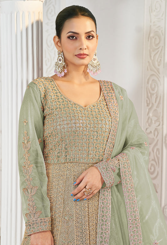Sea Green Net Embroidered Floor Length Gown