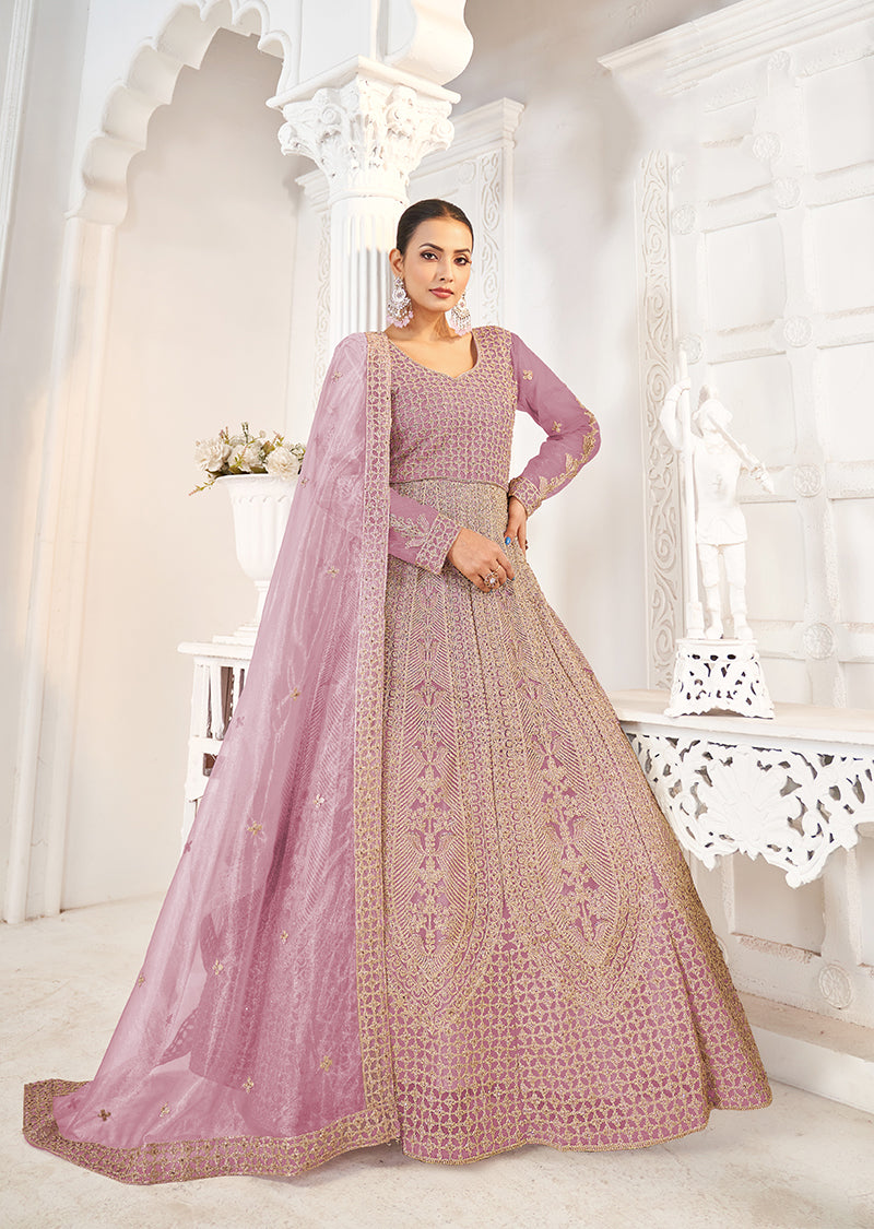Pink Butterfly Net Embroidered Floor Length Gown