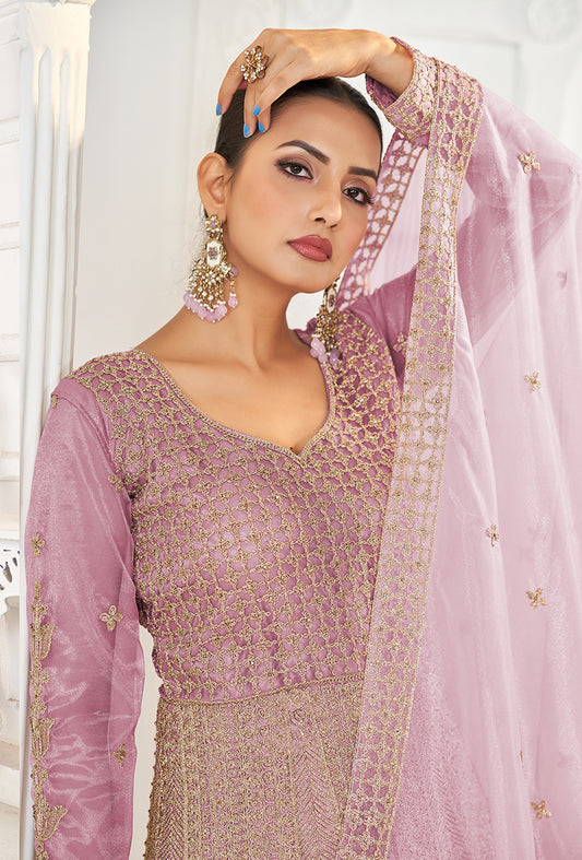 Pink Butterfly Net Embroidered Floor Length Gown