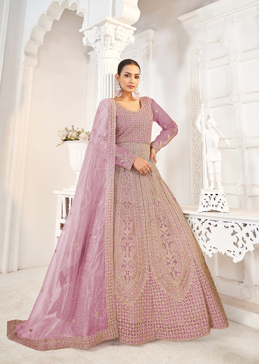 Pink Butterfly Net Embroidered Floor Length Gown