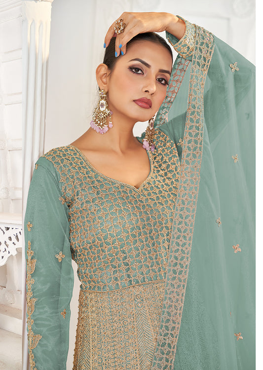 Aqua blue Butterfly Net Embroidered Floor Length Gown