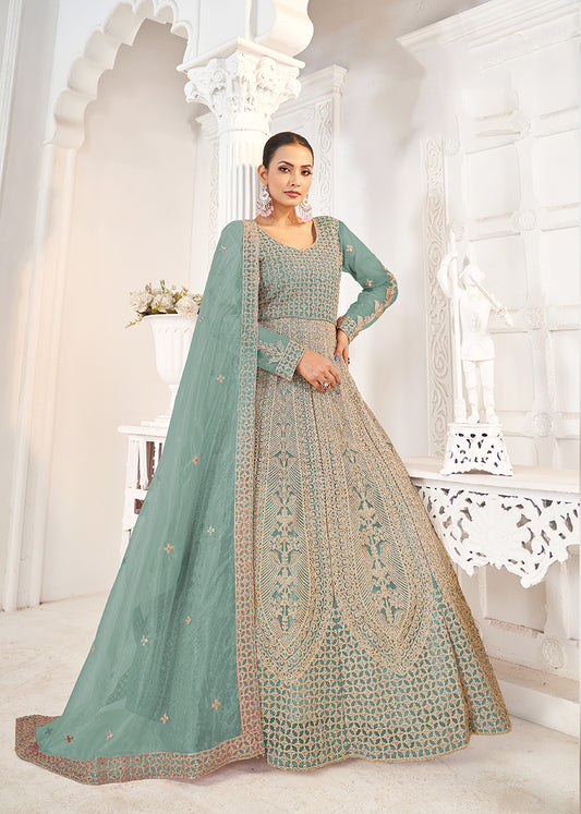 Aqua blue Butterfly Net Embroidered Floor Length Gown