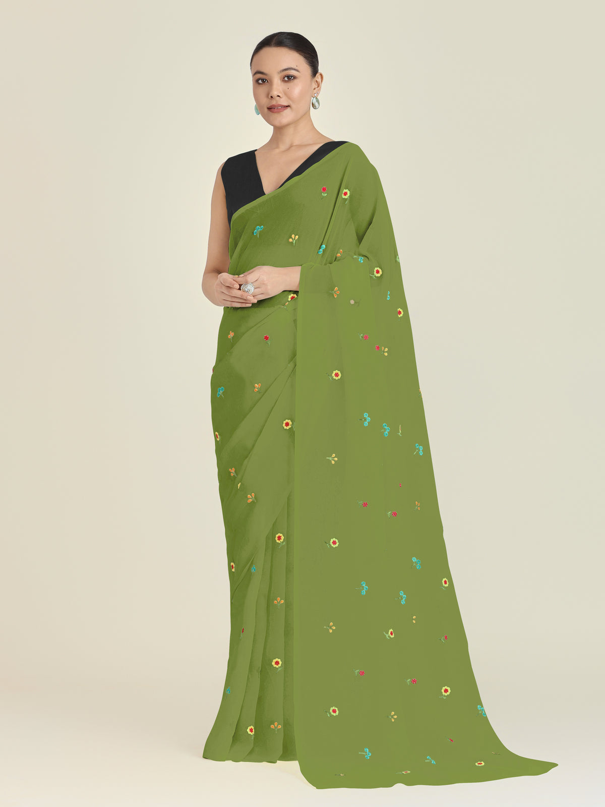 Olive Green Georgette Embroidered Work Causal Saree