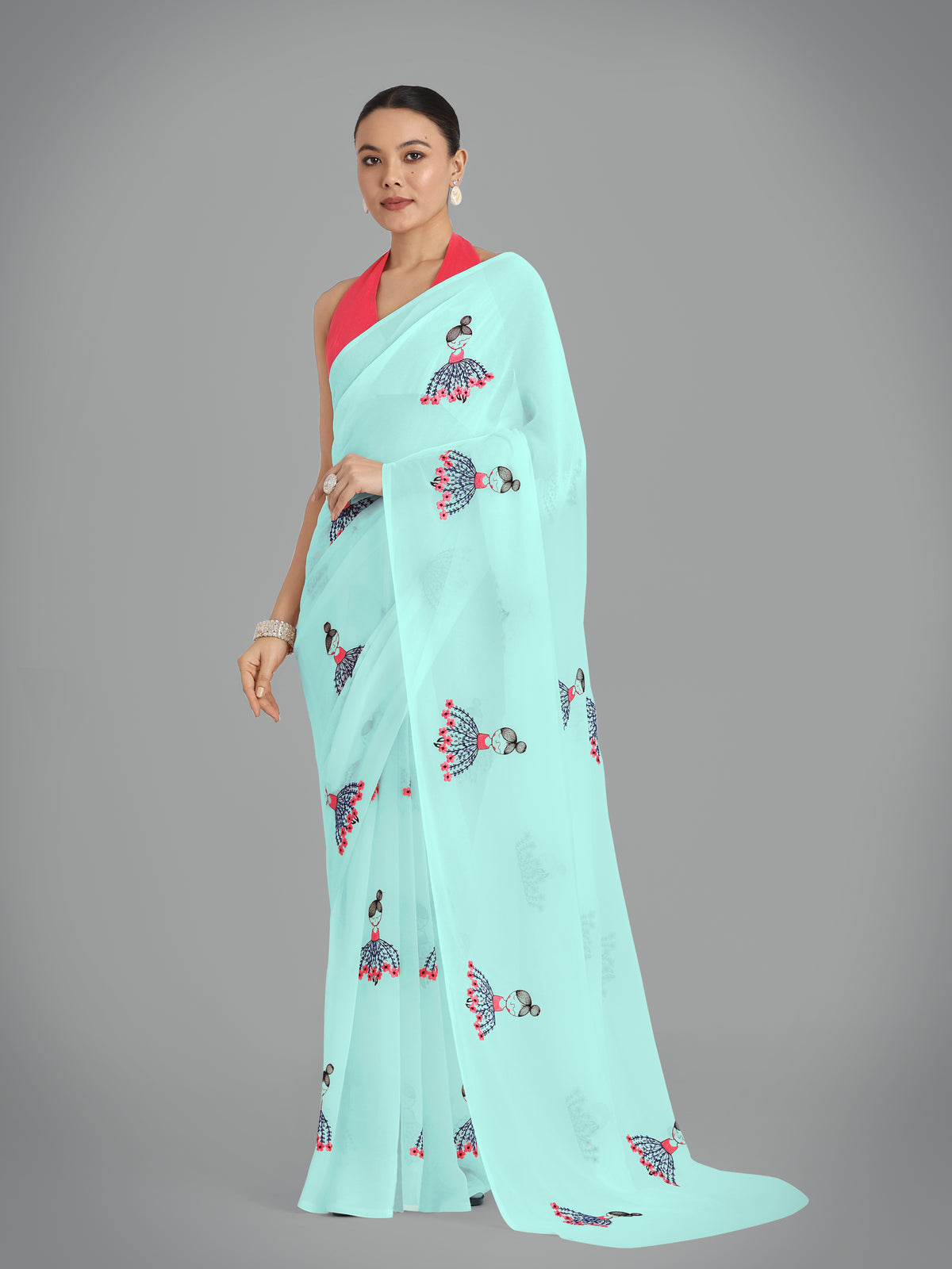 Sky blue Georgette Embroidered Work Party Wear Saree