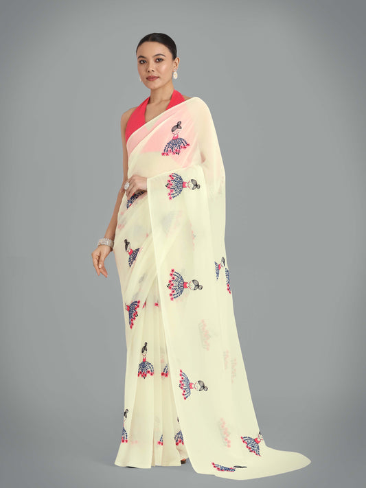 Beige Georgette Embroidered Work Party Wear Saree