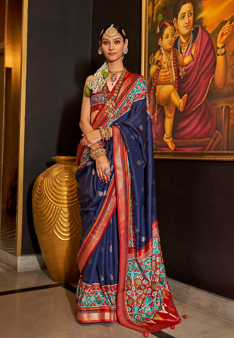 Navy Blue Silk Patola Print Designer Saree