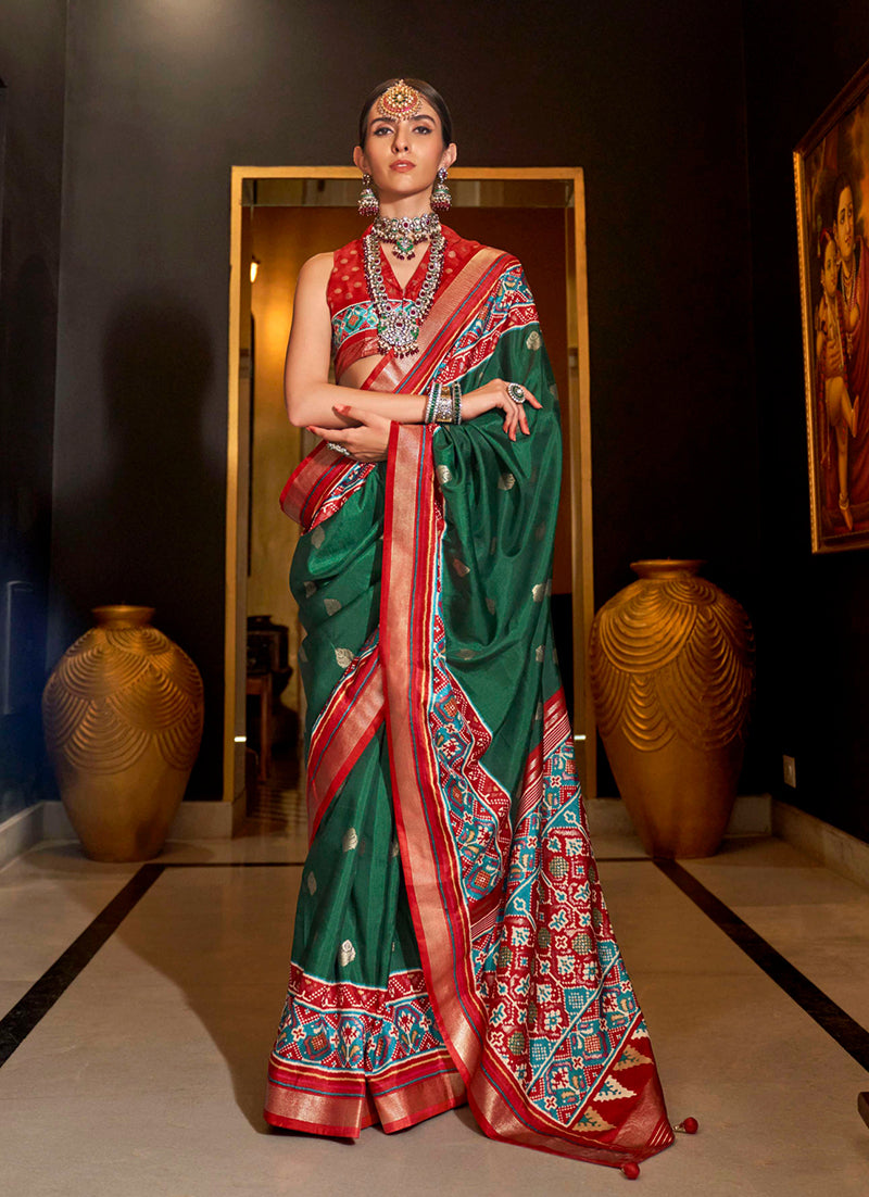 Dark Green Silk Patola Print Designer Saree