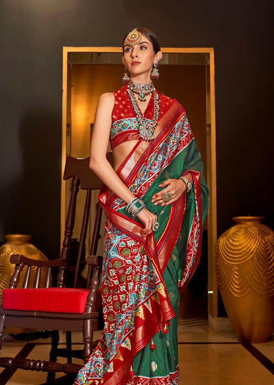 Dark Green Silk Patola Print Designer Saree