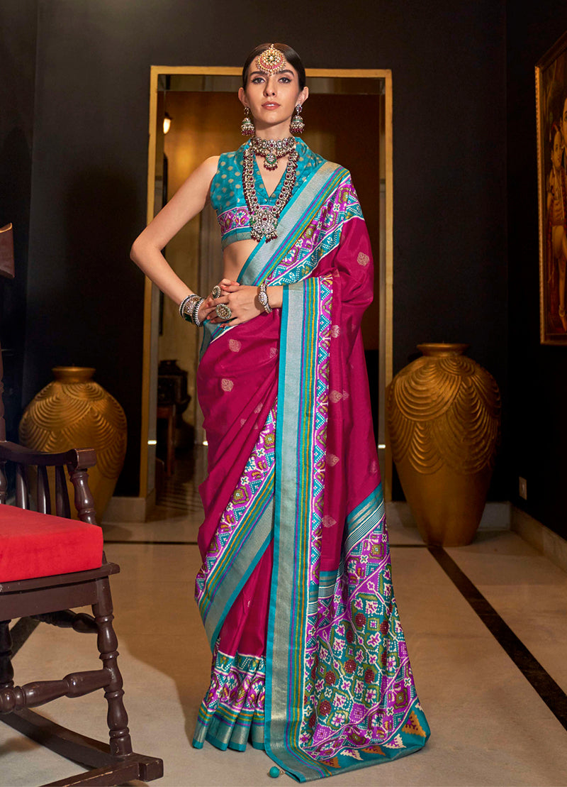 Rani Pink Silk Patola Print Designer Saree