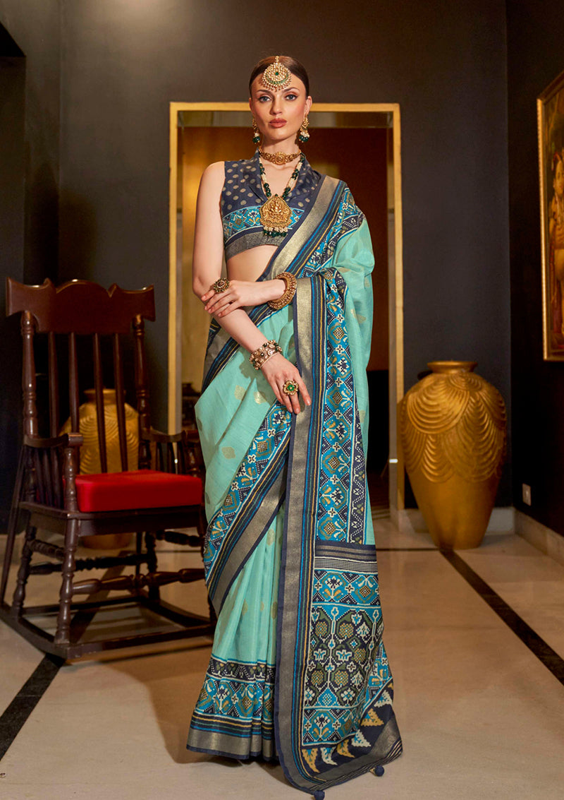 Sea Green Silk Patola Print Designer Saree