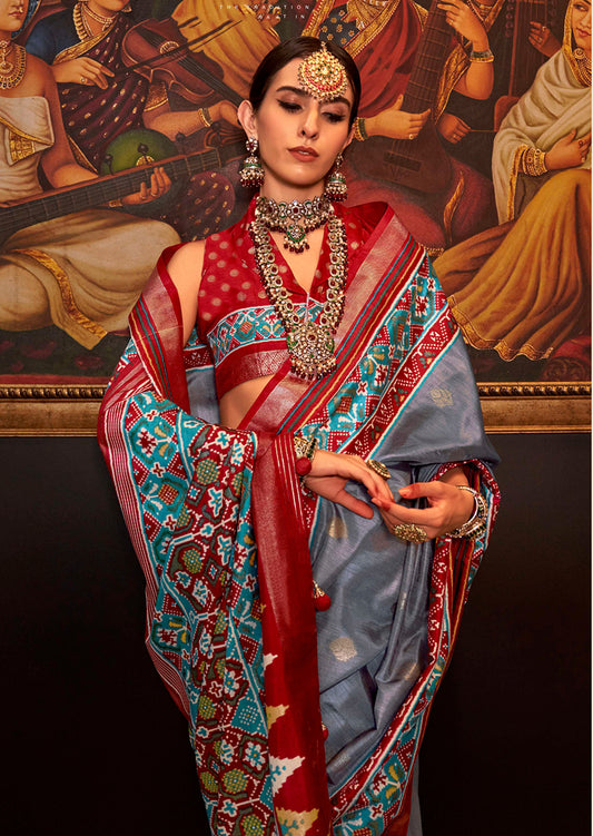 Grey Silk Patola Print Designer Saree
