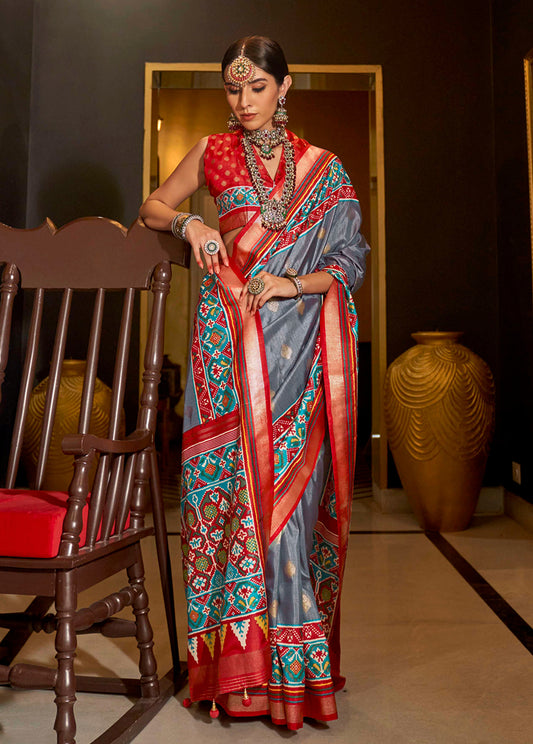 Grey Silk Patola Print Designer Saree