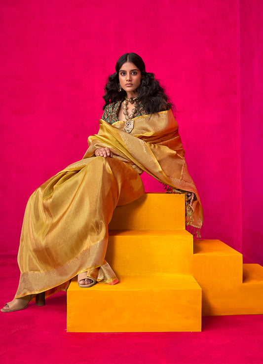 Mustard Tissue Silk Saree with Woven Detailing