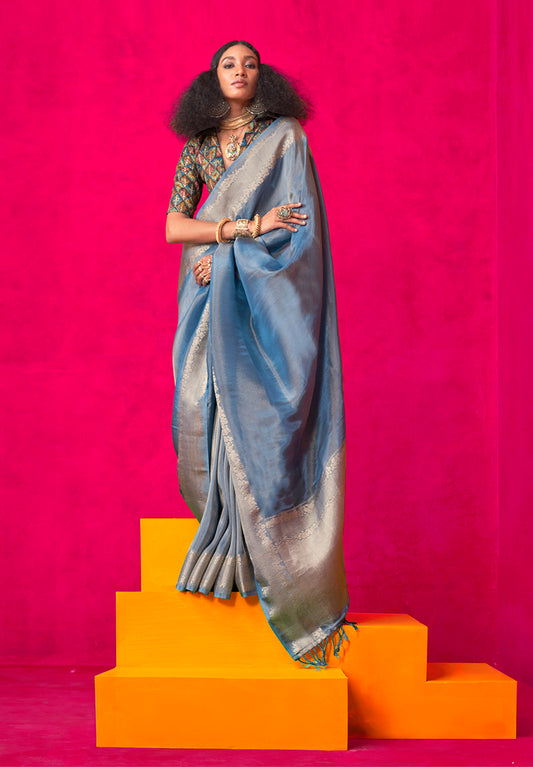 Sky Blue Tissue Silk Saree with Woven Detailing