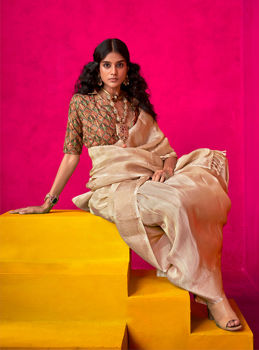 Beige Tissue Silk Saree with Woven Detailing