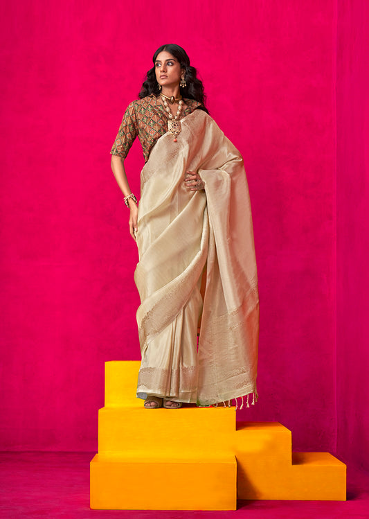 Beige Tissue Silk Saree with Woven Detailing
