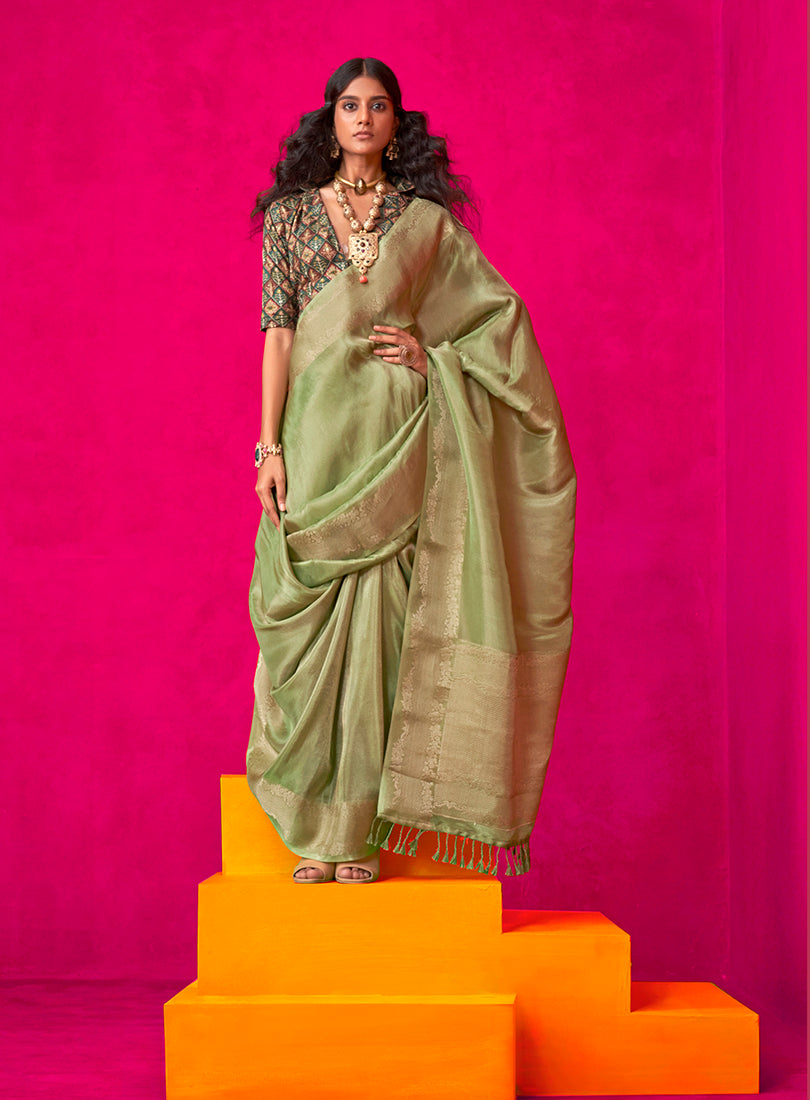 Green Tissue Silk Saree with Woven Detailing
