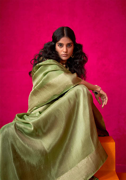 Green Tissue Silk Saree with Woven Detailing