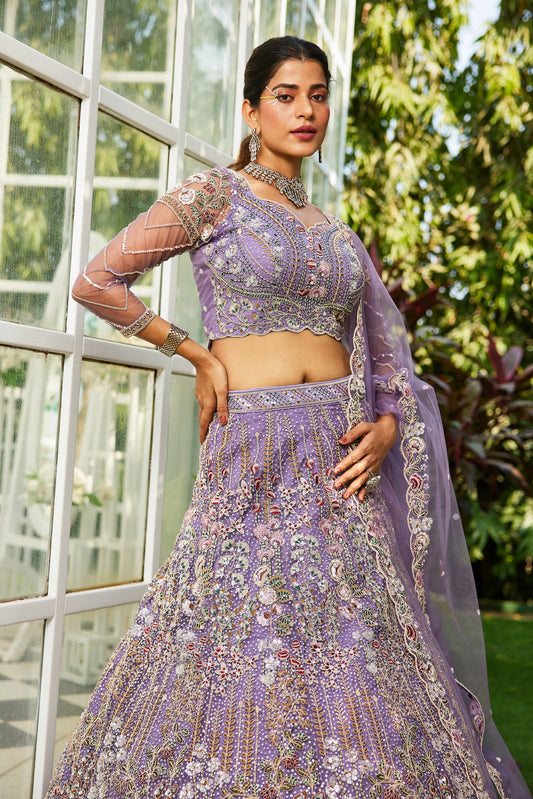 Lavender Embroidered Net Designer Long Lehenga Choli