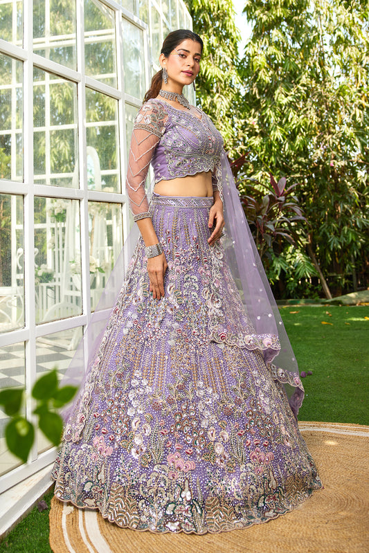 Lavender Embroidered Net Designer Long Lehenga Choli
