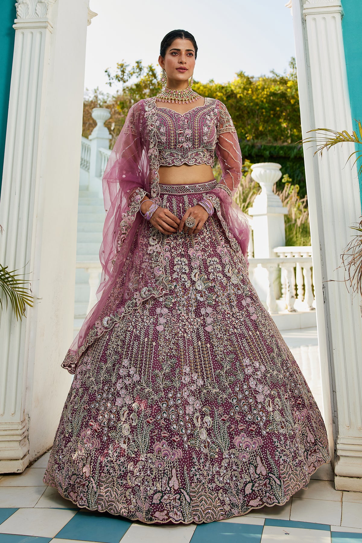 Mauve Embroidered Net Designer Long Lehenga Choli