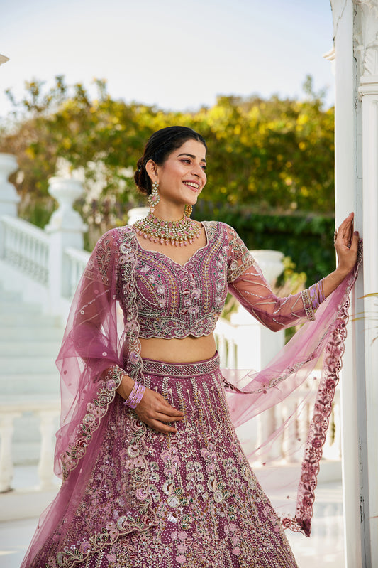 Mauve Embroidered Net Designer Long Lehenga Choli