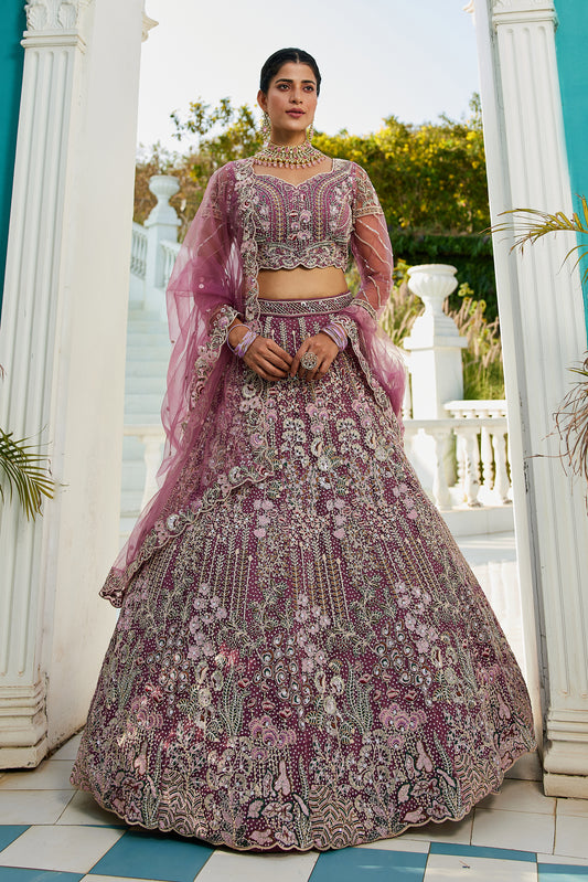 Mauve Embroidered Net Designer Long Lehenga Choli