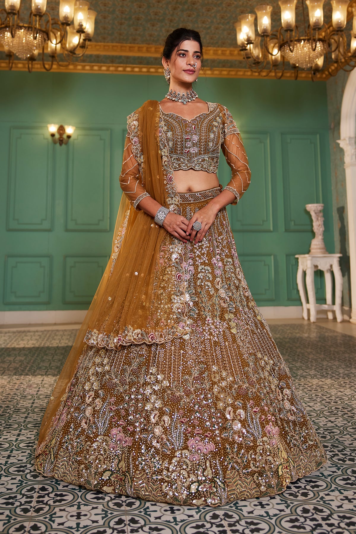 Mustard Embroidered Net Designer Long Lehenga Choli