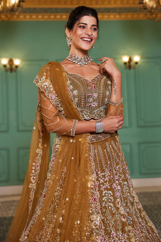 Mustard Embroidered Net Designer Long Lehenga Choli