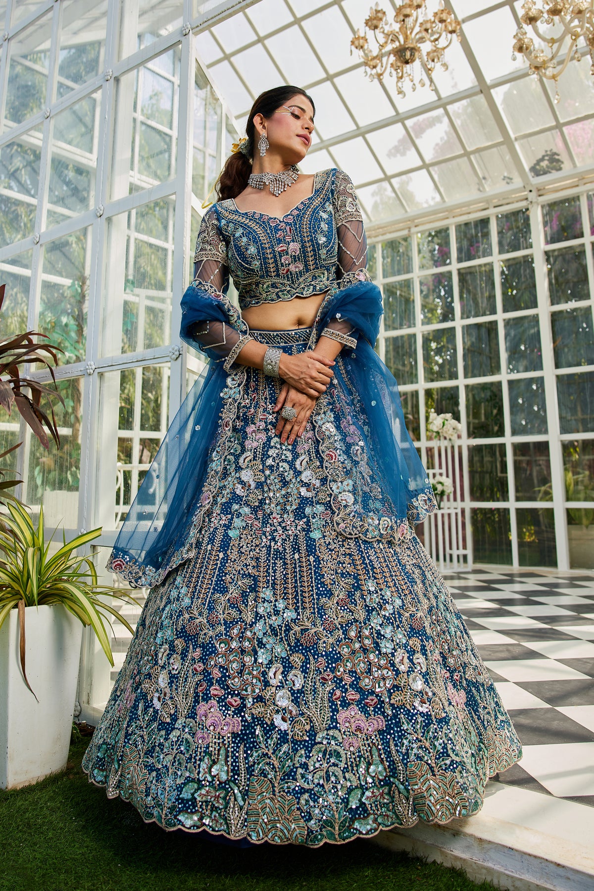 Navy blue Embroidered Net Designer Long Lehenga Choli