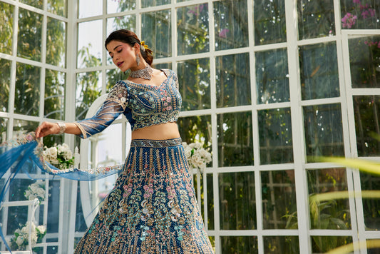 Navy blue Embroidered Net Designer Long Lehenga Choli